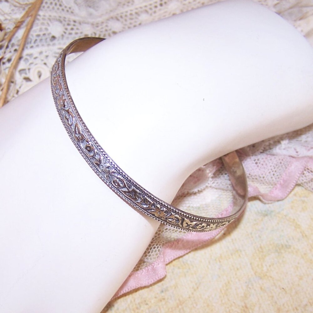 Danecraft Sterling Silver 1/4" Bangle Bracelet - Floral / Flower Design